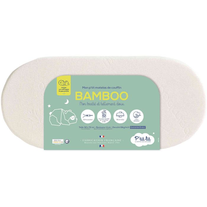 Matelas de couffin sans traitement déhoussable et réversible 32x72cm - Blanc - Fabriqué en France - P'tit Lit