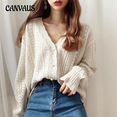 Spring and Autumn Women's Sweater Cardigan Chic Retro Hollow Jacket Lazy Wind Crochet Sweater V-neck Knitted Cardigan