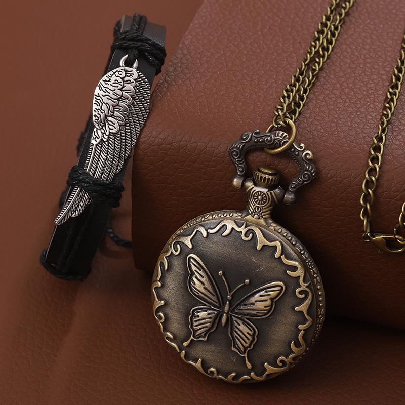 2pcs/set,1PC Exquisite Butterfly Carved Case Design Quartz Pocket Watch & 1PC Fashion Classic Bracelet,ideal Choice for Gifts Men and Women