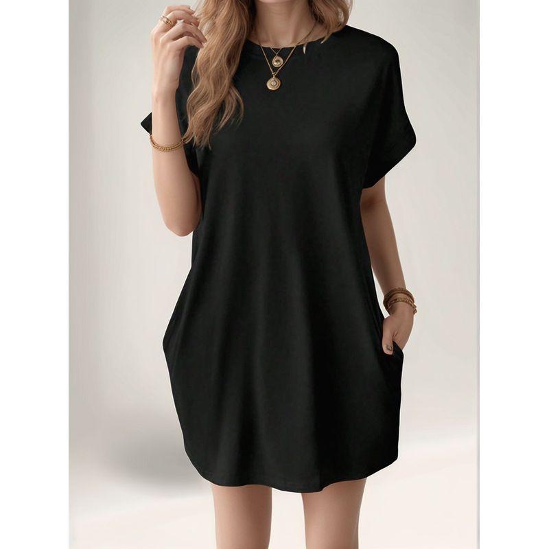 

Simple and Stylish Summer New European and American round Neck Black Loose Pocket Bat Short sleeve Dress Skirt DRESS Black 2XL