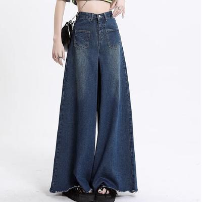 Jeans Retrô Abotoados de Perna Larga para Mulheres com Cintura Alta Modelador Corte Reto Bolso Ninho Estilo Hong Kong