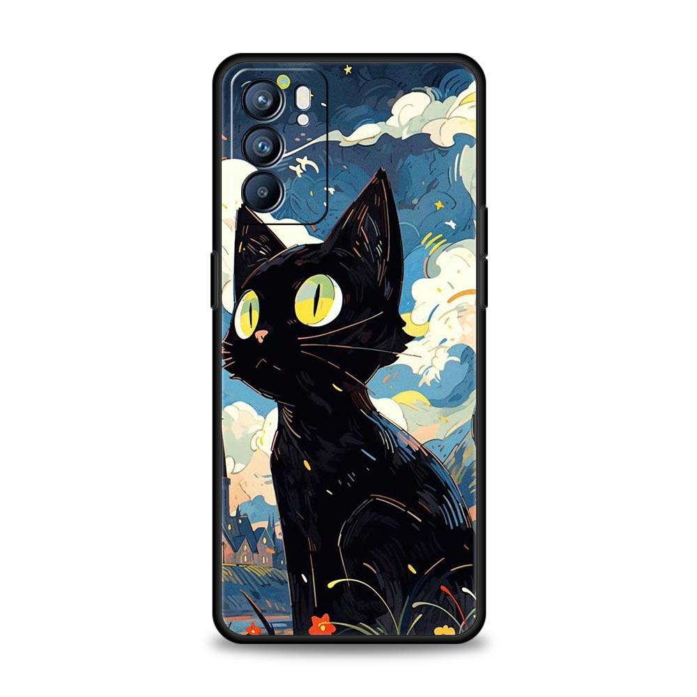 Case For Oppo A54 A53 A52 A9 A15 A95 A17 A16 A76 A74 Find X6 X5 Reno8 Reno7 Reno6 Pro 5G Cover Cartoon Lovely Cat Art Fashion