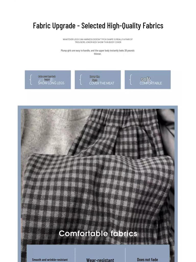 Petite Korean Style High Waist Wool Blend Plaid Wide Leg Pants - Fleece Lined for Autumn/Winter