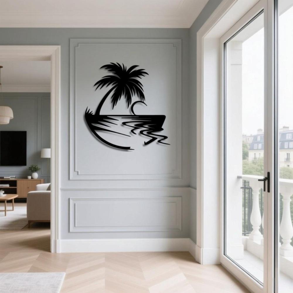 Tropical Paradise Metal Wall Art Palm Tree Ocean Moon Iron Artwork Home Living Room Bedroom Decor Coastal Farmhouse Hanging Ornament