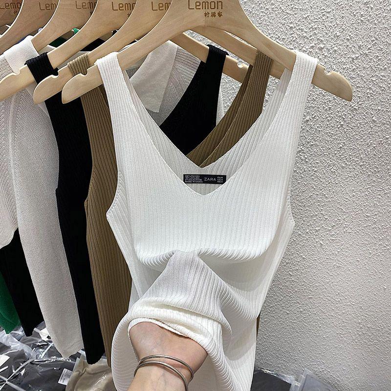 

2025 Summer Black Camisole Women s Bottoming V-neck Knitting T-shirt Outwear Ice Silk Thin Sleeveless Inner Match Tops White All yards
