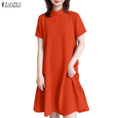 Damen Freizeit Stehkragen Sommer Kurzarm Kleid