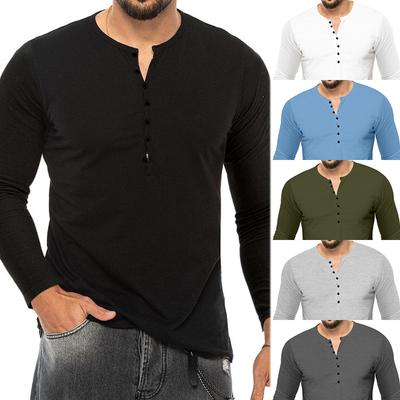 New Men's Spring and Autumn Long Sleeve Men's T-shirt Base Slim-fit Button V-neck
