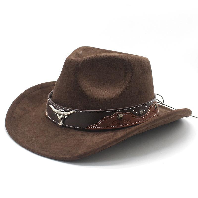 Retro Bull Head Western Cowboy Hat Men And Women, Tibetan Suede Jazz Hat, Big-Brimmed Top Hat
