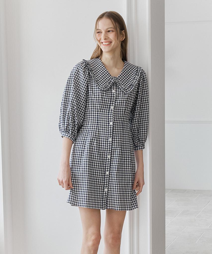 Bember Lace Collar Puff Sleeve Dress_Navy