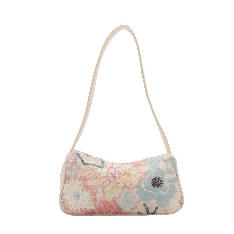 Women Floral Sequin Embroidery Shoulder Bag Luxury Sparkling Purse for Cocktail Party Prom Formal Events