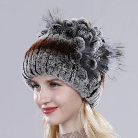 Brand Women Genuine Rex Rabbit Fur Hats Winter Rex Rabbit Fur Beanies Striped Top Flower Fox Fur Warm Real Fur Knit Caps
