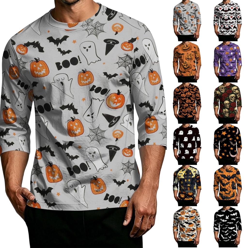 Men Casual Halloween Print Raglan Sleeve T Shirt Crew Neck Three Quarter Sleeve Top for Everyday Wear