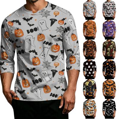 Men Casual Halloween Print Raglan Sleeve T Shirt Crew Neck Three Quarter Sleeve Top for Everyday Wear