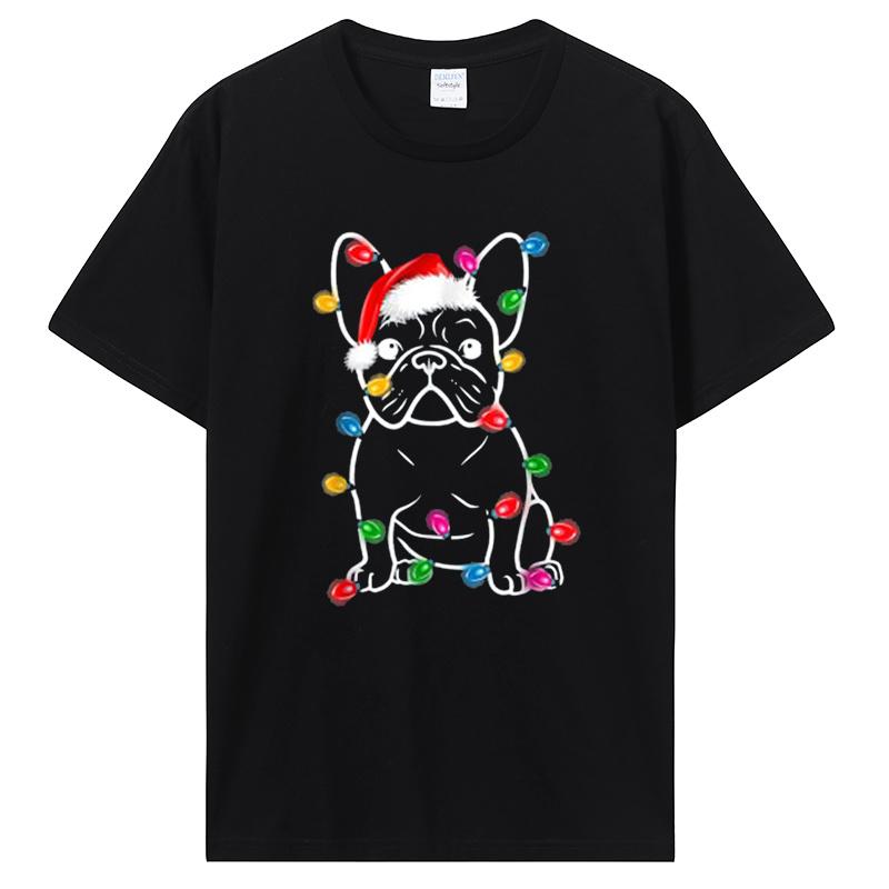French Bulldog Christmas Lights Santa Hat T-shirt