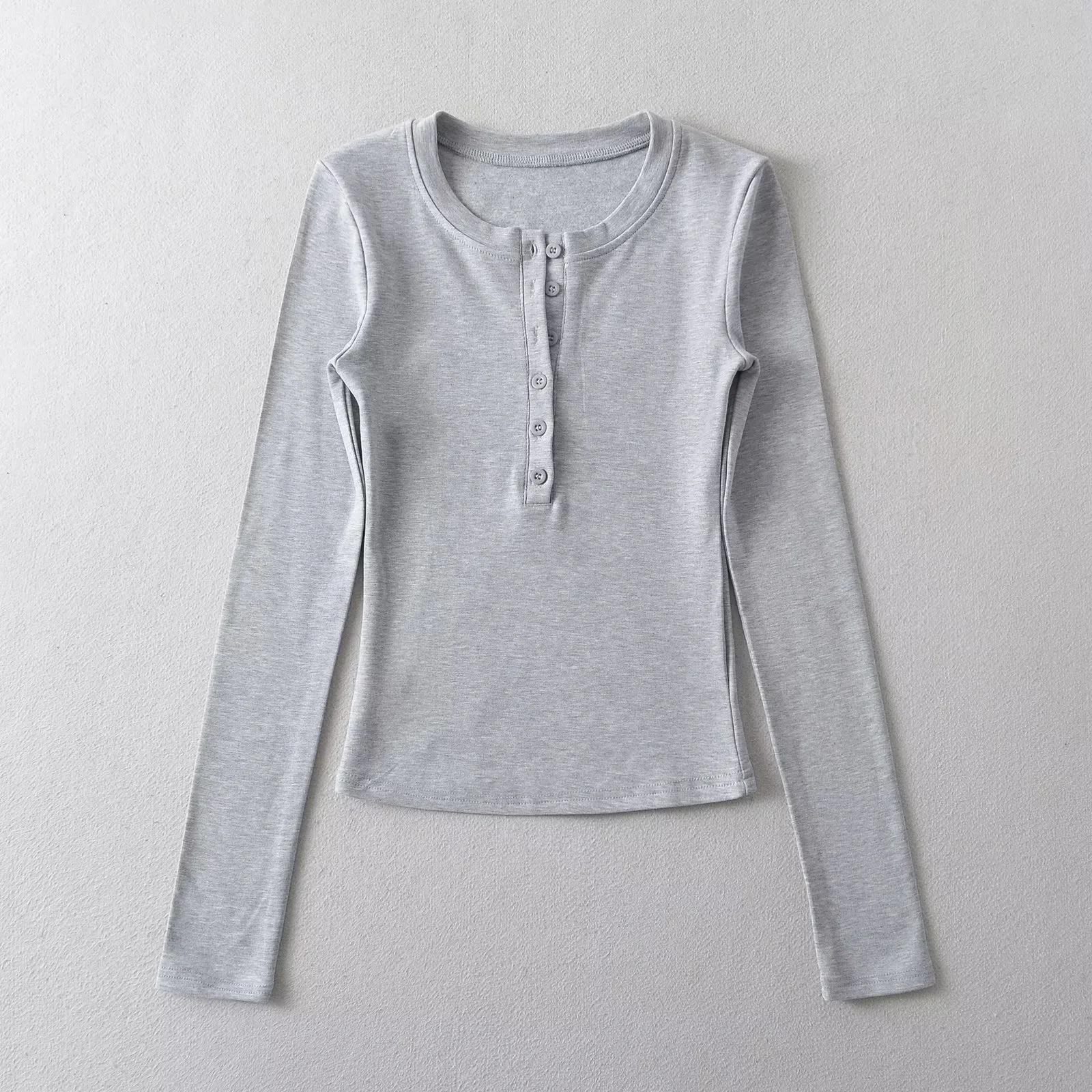 

Женская рубашка Spicy Girl Style с шестью пуговицами и бархатной основой, новинка осени, однотонная футболка, обтягивающий топ M светло-серый