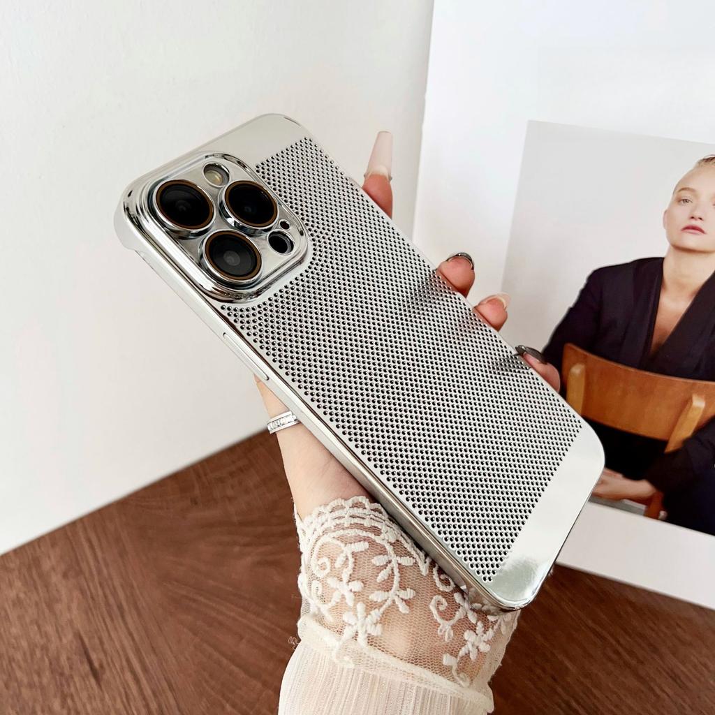 Applicable To IPhone 16 Mobile Phone Case Without Frame Hollow Plating Mesh Cooling Apple 15 Full-cover Lens Protection Case