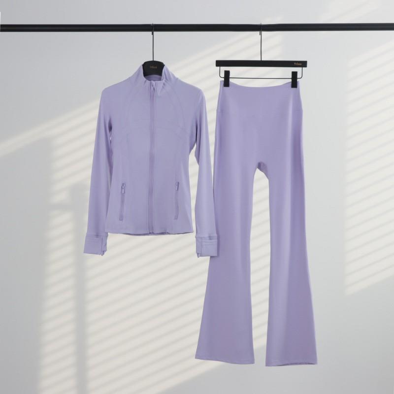 Womens Stand Collar Jacket Flared Pants Set Casual Sporty All-Match Yoga Outfit