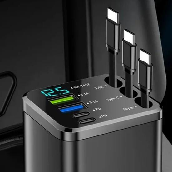 7-in-1 Retractable Car Charger Fast Charging Car Adapter with Digital Display 2 USB Ports 2 Type-C Ports 3 Cables Power Supply for Multiple Devices