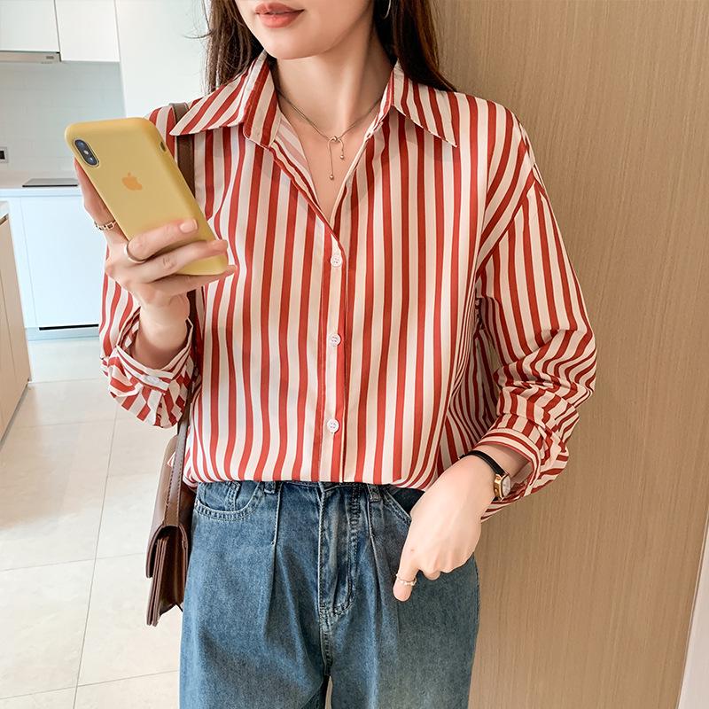 

Осенняя полосатая шифоновая блузка - Женская рубашка с отложным воротником и длинным рукавом Extra Large