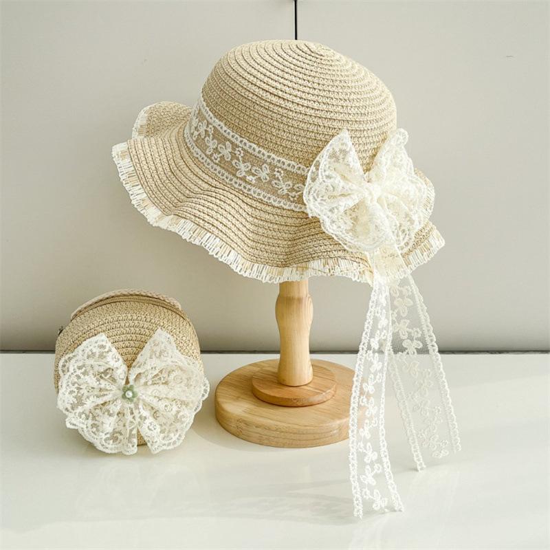 Kids Baby Girls Sun Hat And Straw Beach Bag Set with Elegant Lace Bowknot Trim Wide Brim for Vacation Beach Toddlers 2pcs