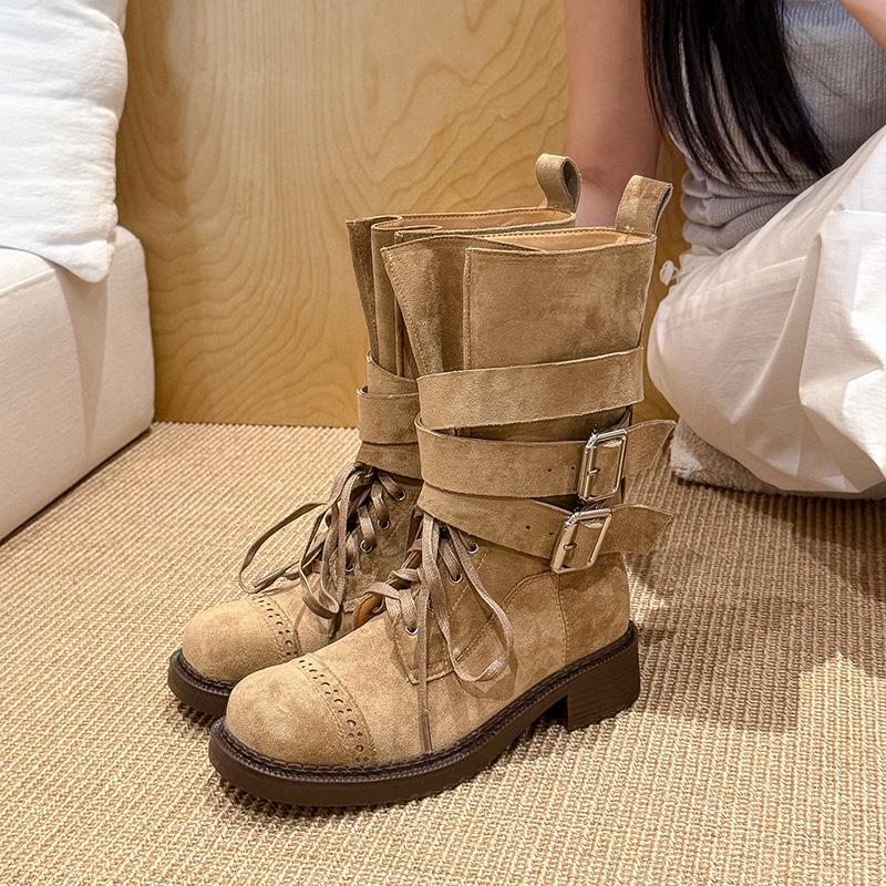 Vintage Gürtelschnalle Damen Western Cowboy Stiefel Mode Niedriger Absatz Ritter Motorrad Stiefeletten