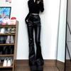 Damen High-Waist PU-Leder Micro-Flare Hose, Große Größen, Schlankmachend, Schwarz, Herbststil, Bodenlang.