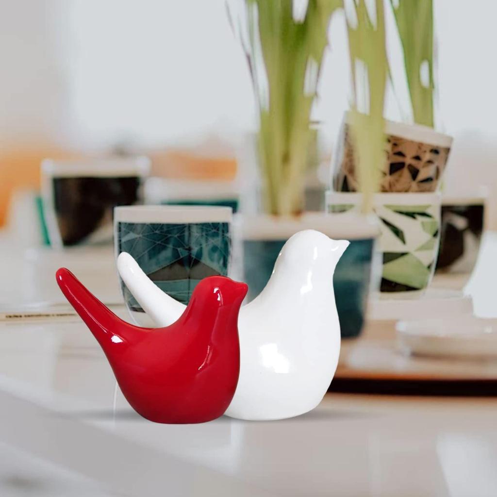 Creative White and Red Glossy Ceramic Birds Figurines Home Decorations Accessories Party (Pack of 2, White & Red)