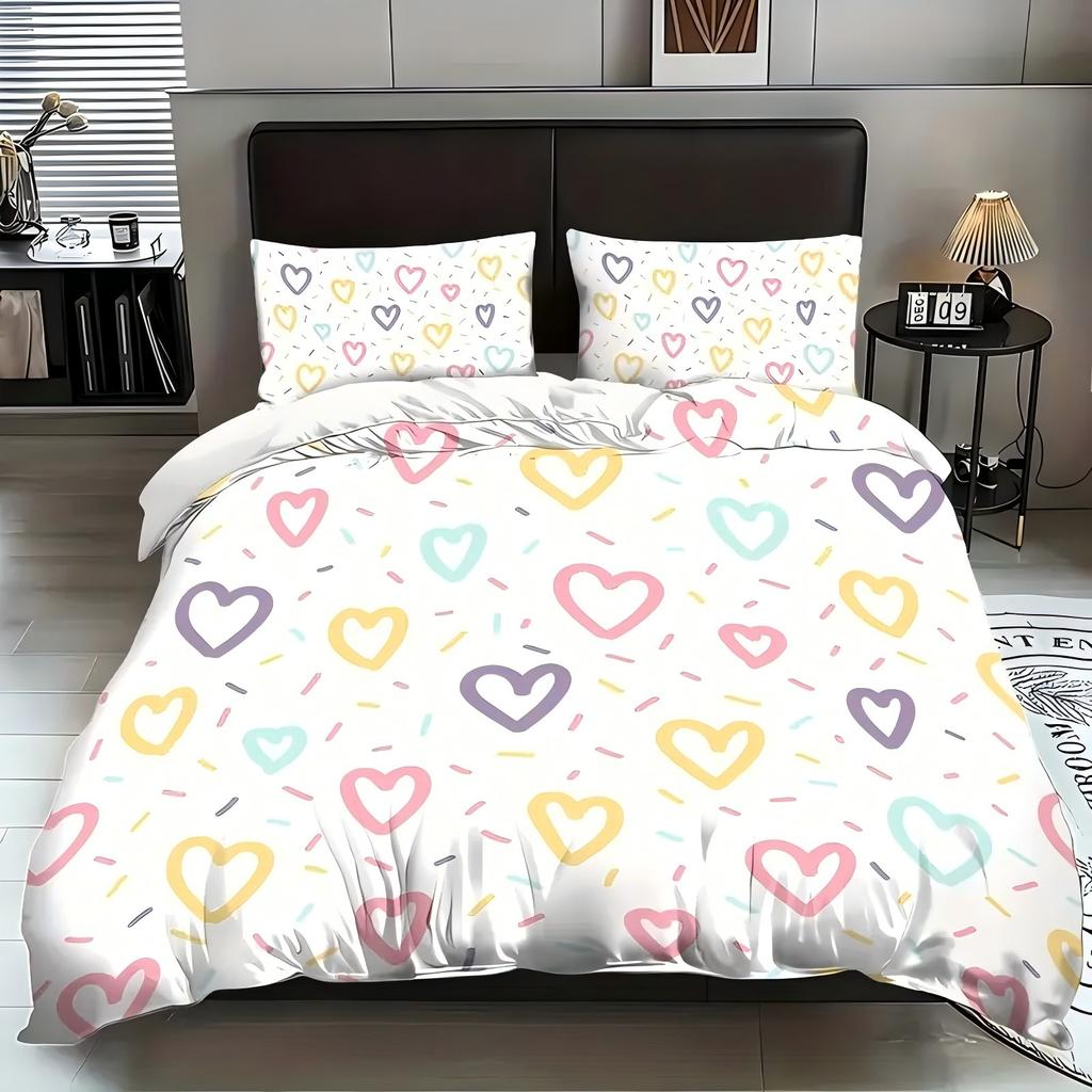 Colored Heart Shape Pattern 3D Printed Bedding Set Simple Style Duvet Cover Set Soft Comfortable Home Polyester Quilt Cover Set