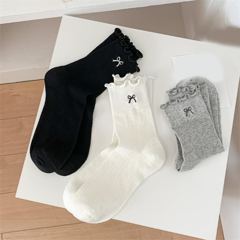 Elegant Embroidered Bowknot Mesh Middle Calf Socks Comfortable Stretch Cotton Solid Ruffle Frilly Ankle Socks for Women