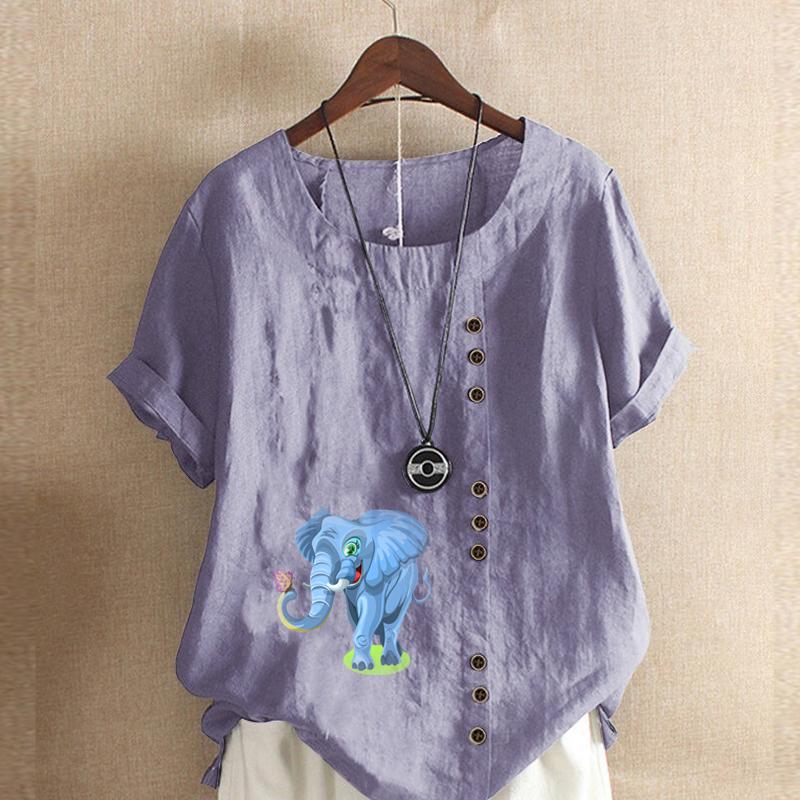 Women's Fashion Elephant Print Short Sleeve T-shirt Loose Cotton Shirt Casual Loose Summer Blouse Tops Plus Size