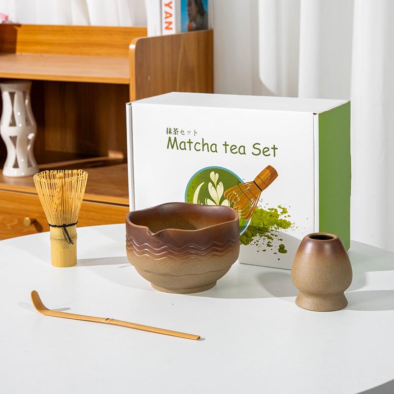 5-8pcs INS coarse pottery gradual change color tea stand matcha bowl set to order tea retro Matcha whisk set of tea tools