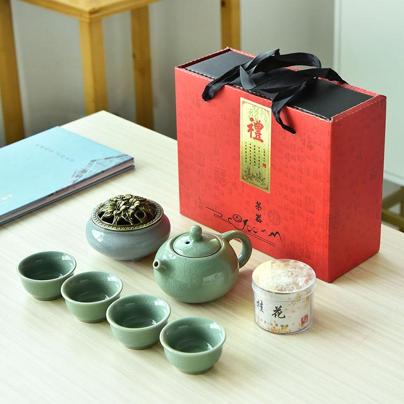 Guochao Ge Kiln Kung Fu Tee-Set Geschenkbox-Set Kreative Keramik Ein Topf Vier Tassen Leichte Luxusgeschenke mit Räuchergefäß