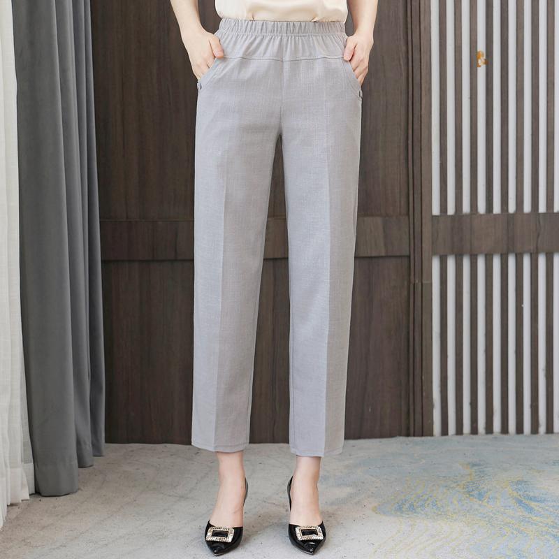 קיץ מכנסיים ישרים בגובה מותן לנשים במידות גדולות קלאסיות מותן אלסטיות מכנסיים פשתן מכותנה