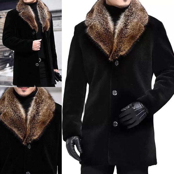 

2026 Winter Men s Long Woolen Coat, Fur Collar, Overcoat, Male, Solid, Slim, Casual, Windbreaker Jacket, Outerwear, Top, Black, Plus Size, S-5XL M чёрный