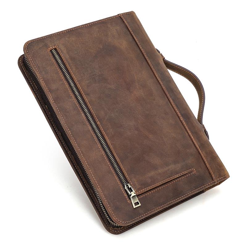 Handmade Crazy Horse Genuine Leather Book Cover with Pen Loop and Zipper