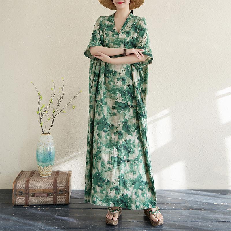 

Dimanaf 2025 Женское Летнее Платье Больших Размеров Базовое Длинное Платье Винтаж Хлопок Лен Повседневный Цветочный Принт Свободный One Size зелёный
