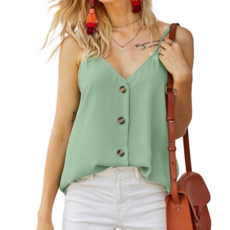 

Летняя женская майка без рукавов с принтом, модная повседневная свободная майка с открытой спиной, сексуальная рубашка с V-образным вырезом, элегантная стильная блузка на пуговицах 26359 XXL светло-зеленый