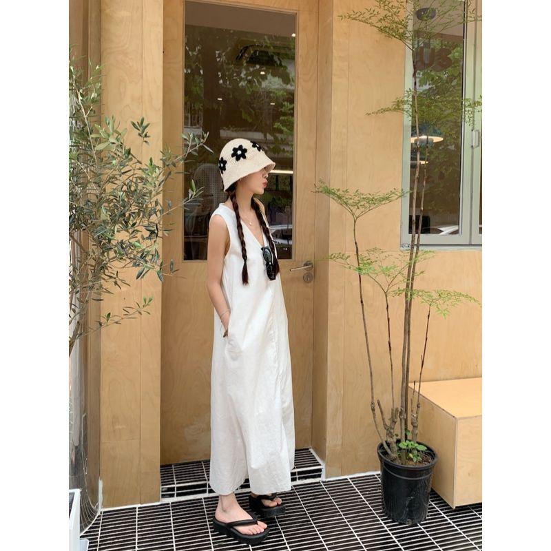 Kumikumi Sweet Style Simple V-neck Vest One Piece Dress Women Clothing Summer Temperament Slimming White A- Line Skirt Long Dress