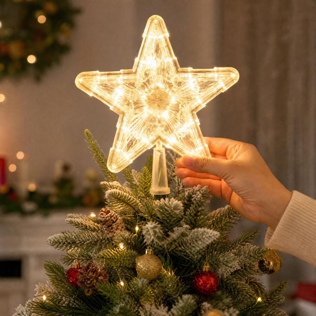 Christmas Tree Topper Star with Lights, Glitter- Five-Pointed Star Holiday Decoration