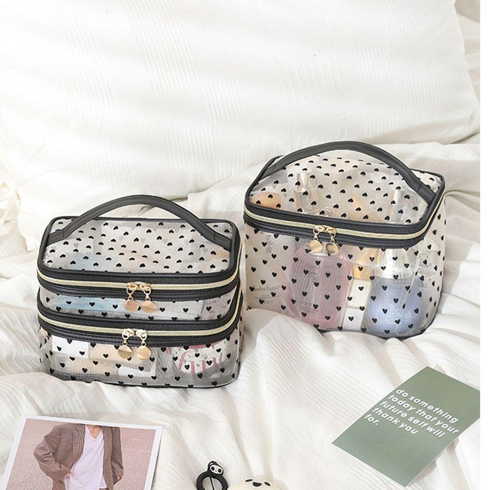 Black Heart Printed Mesh Love Makeup Bag Large Capacity Women Toiletry Bag Women
