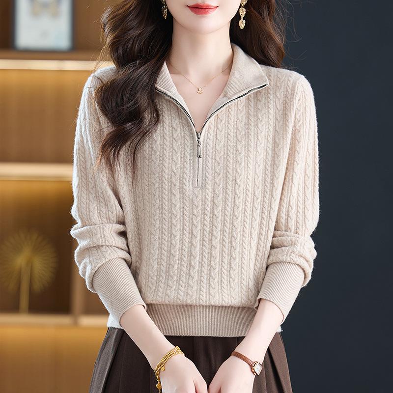 Women's Pure Wool Half-Zip Sweater - Stand Collar, Autumn/Winter Thick Knit for Middle-Aged Women, Petite Base Layer