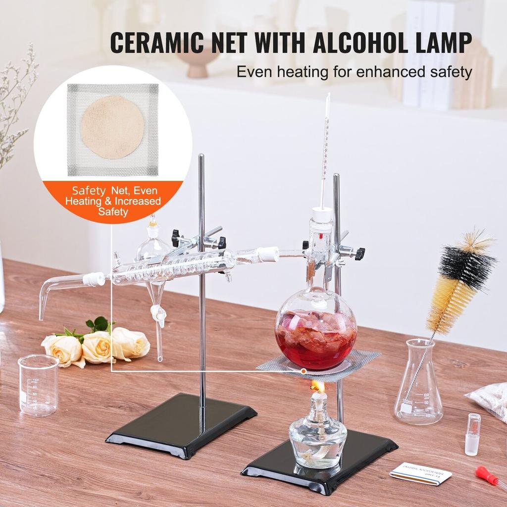 Essential Oil Distillation Kit, 500ml Distillation Apparatus, 3.3 Boro Lab Glassware Distillation Kit with Alcohol Lamp, Ceramic Mesh and 24, 40