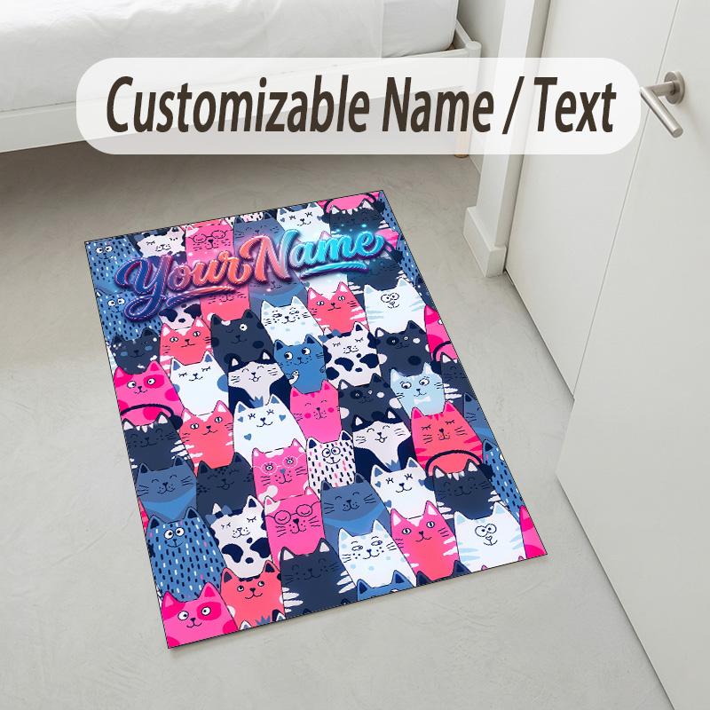 Cat Theme Crystal Velvet Rug Personalized Custom Name Text Soft Floor Mat Home Decor