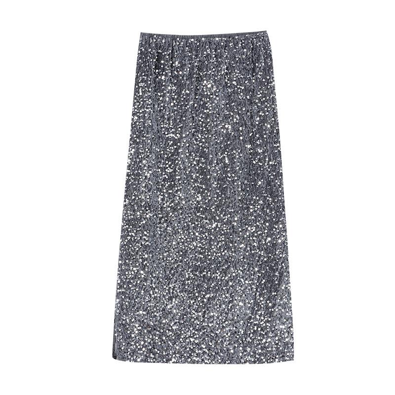Atmosphere Design Sense Fine Glitter Sequins Split Straight Half-body Skirt Fall and Winter