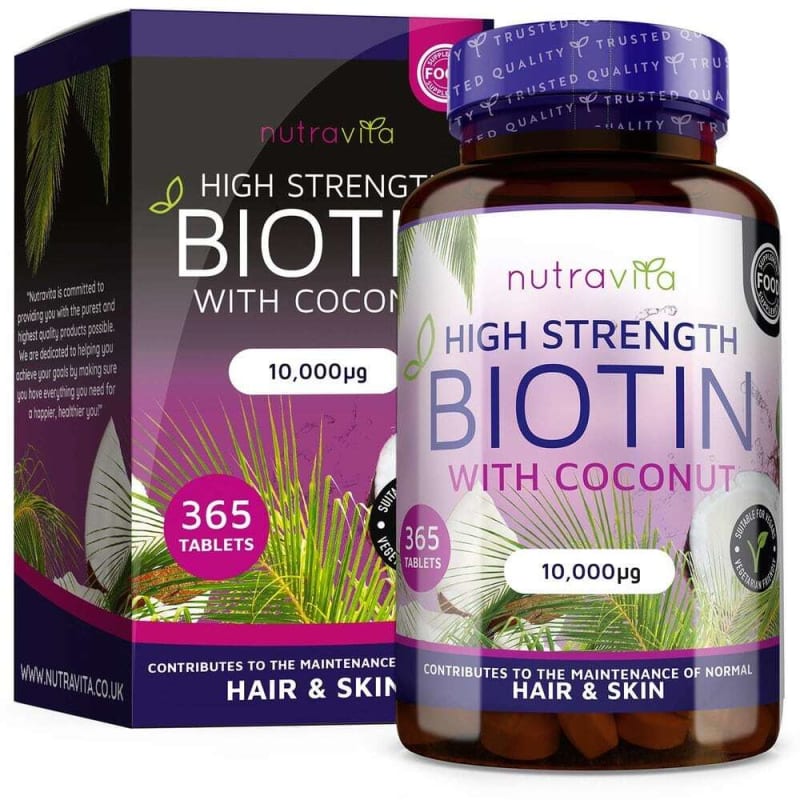 Nutravita Biotin with Coconut Oil 10,000 ug, 365 Capsules (1 Year Supply) - Hair, Nails