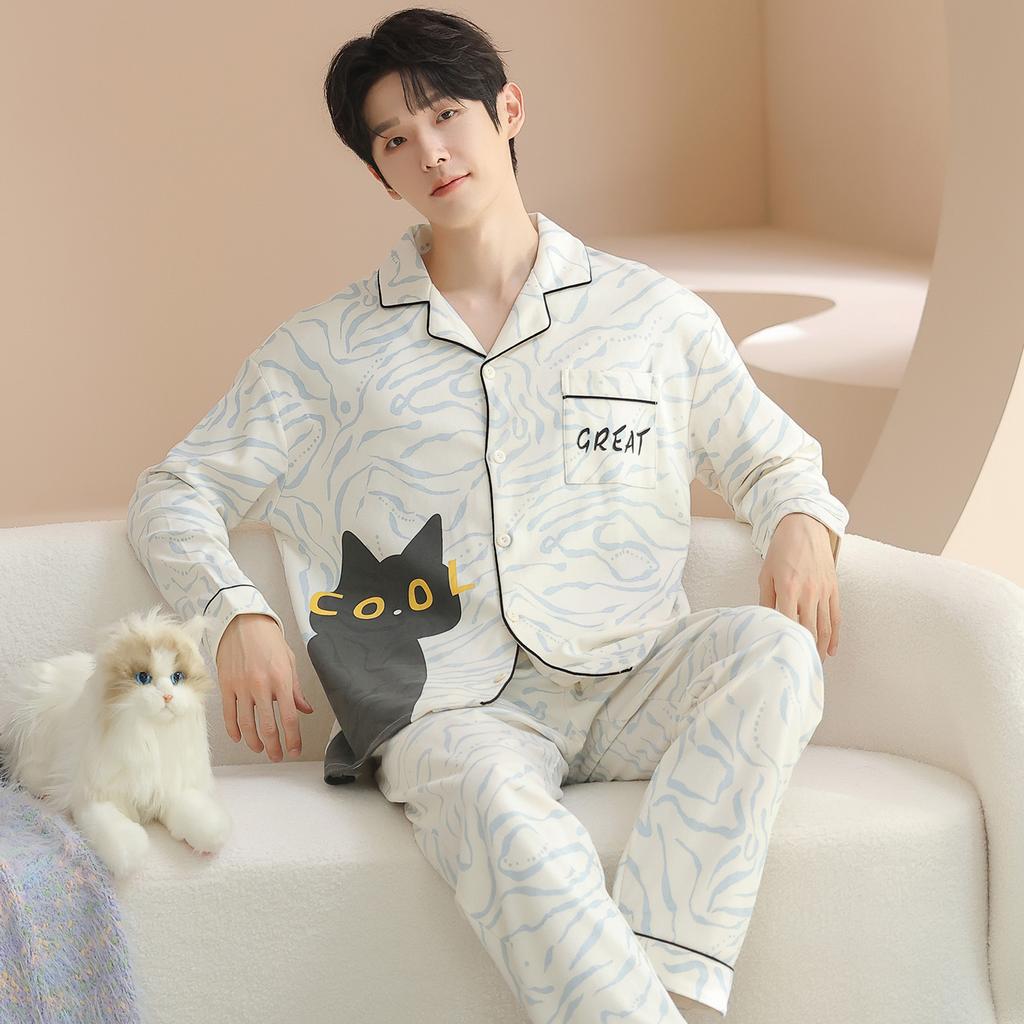 New long-sleeved trousers pure cotton couple pajamas can be worn outside cartoon loose casual men and women pajamas set cotton