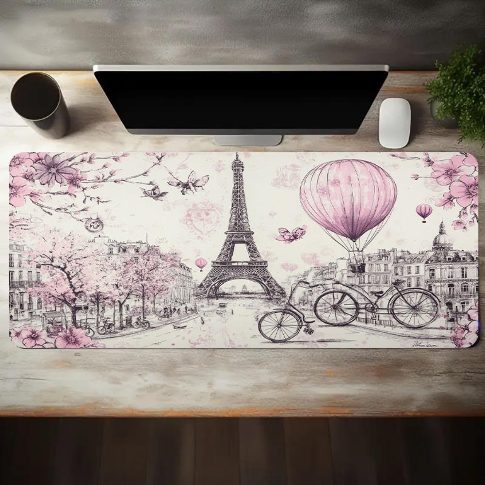 Pink Eiffel Tower Mouse Pad Large Computer Office Game Table Mat Rubber AntiSlip Stitched Edge Keyboard Mat 90x40 Xxl Desk Pads