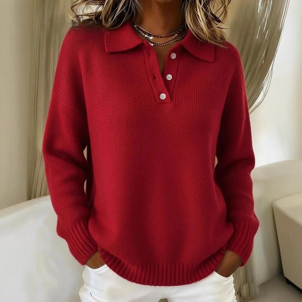 Autumn Winter New Women's Loose Lazy Style Soft Flip Collar Polo Shirt Long Sleeve Button Sweater