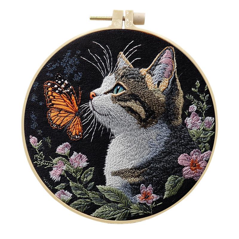 1pc Kitten, Butterfly, and Flower Pattern Embroidery DIY Fabric Craft Kit with Tools