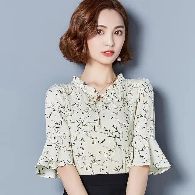 

Шифоновая рубашка с расклешенными рукавами и принтом, весна/лето, свободная женская верхняя одежда с v-образным вырезом, модная блузка с короткими рукавами и воротником с оборками S абрикосовый